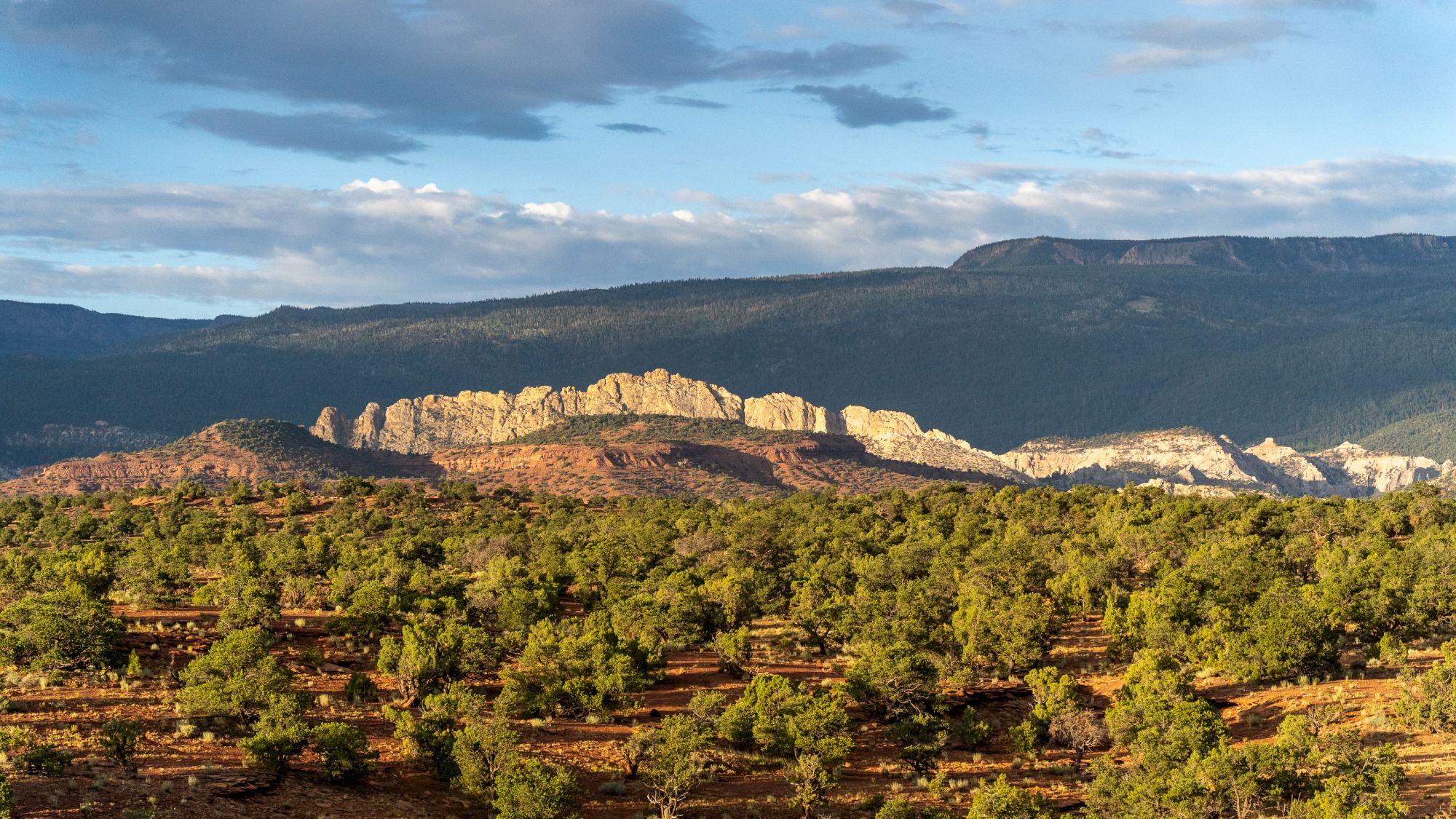 A landscape with rolling hills, dense greenery in the foreground, rocky formations, and a blue sky with scattered clouds.
