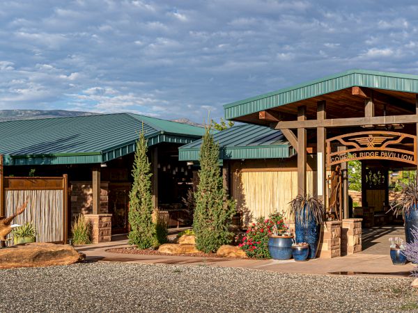 A rustic building with green roofs, wooden accents, surrounded by landscaped greenery and decorative pots under a cloudy sky.